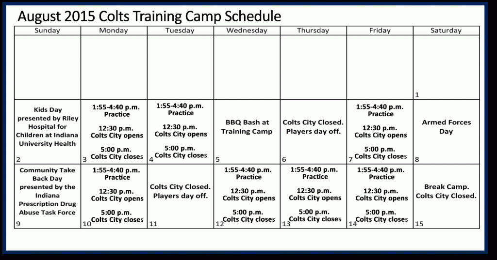 August 2015 Colts Training Camp Schedule
